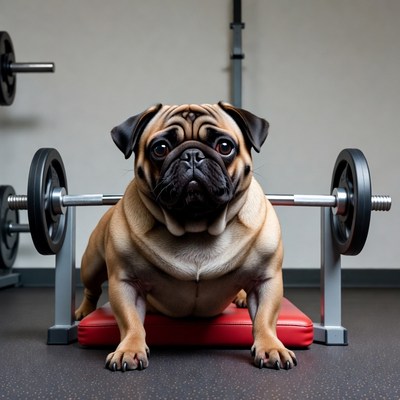 Pug dog lifting barbell in gym