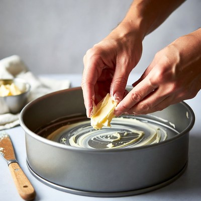 Hands spreading butter in cake pan