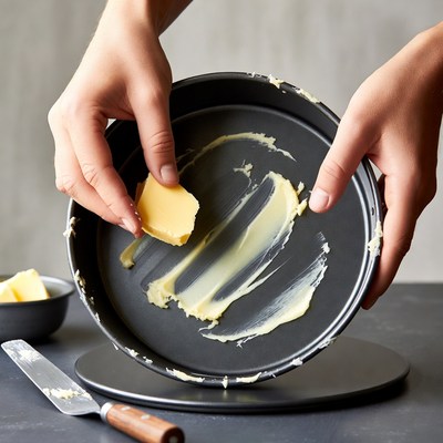 Hands buttering cake pan