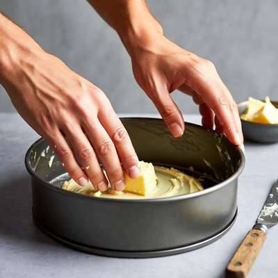 Hands greasing cake pan with butter