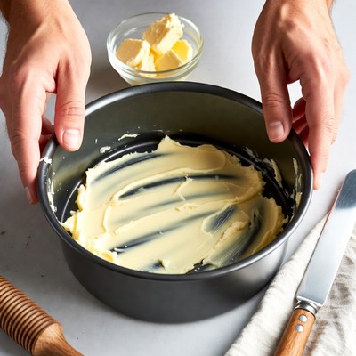 Man greasing cake pan with butter