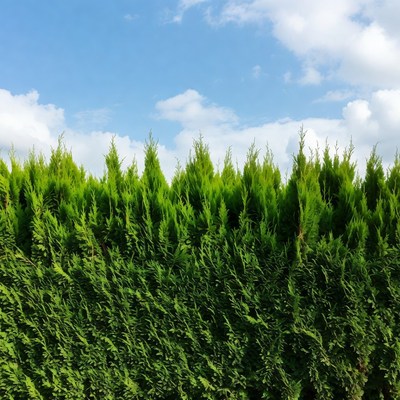 Green conifer hedge against blue sky