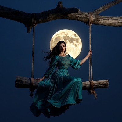 Woman swinging on ropes under full moon