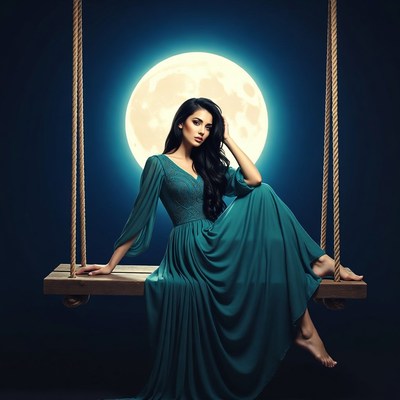 Woman in green dress on swing with moon