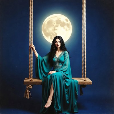 Woman in teal gown on swing with moon