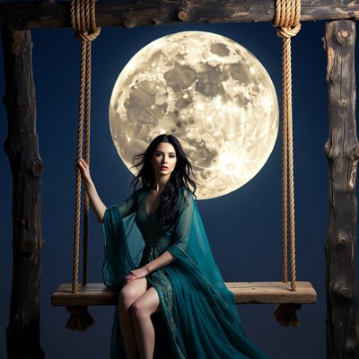 Woman sitting on swing under full moon