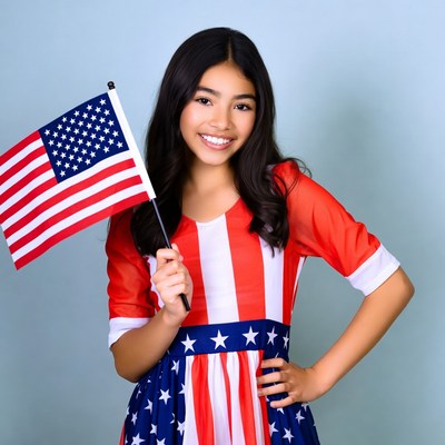 Asian girl holding American flag