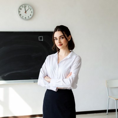 Female teacher standing by blackboard