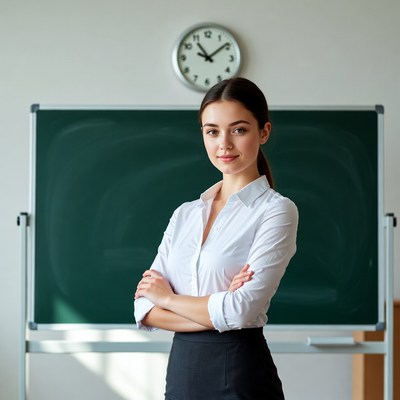 Young woman standing in front of blackboard
