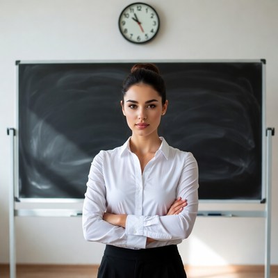 Woman standing in front of blackboard