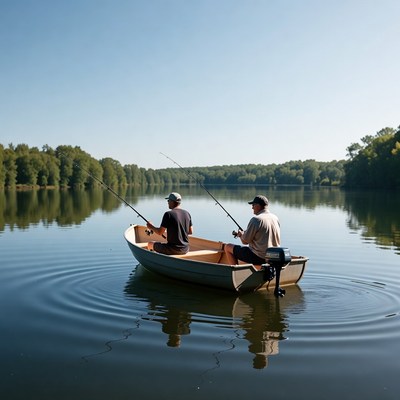 Two men fishing from boat on lake