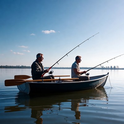 Two men fishing from rowboat