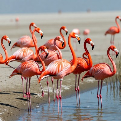 Flock of pink flamingos on beach