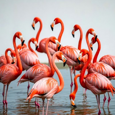 Flock of pink flamingos in water