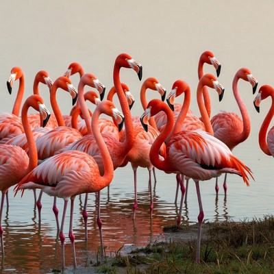 Flock of pink flamingos standing in water