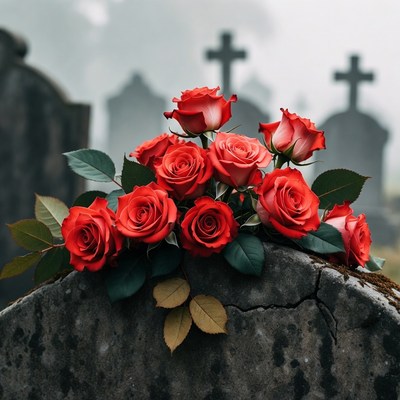 Red Roses on Graveyard Tombstone