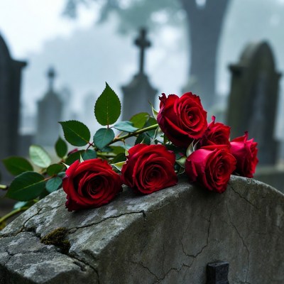 Red Roses on Grave Tombstone