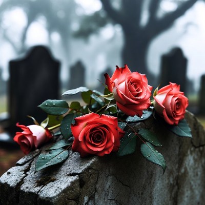 Red Roses on Gravestone in Cemetery