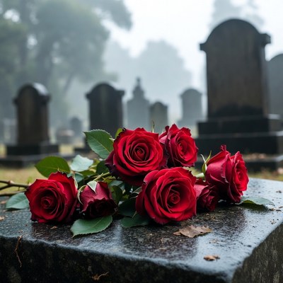 Red Roses on Grave Tombstone