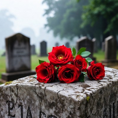 Red Roses on Cemetery Tombstone