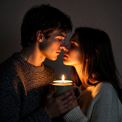 Couple nose-to-nose by candlelight
