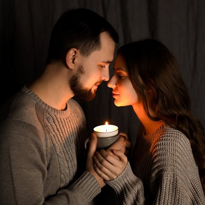 Couple touching noses by candlelight