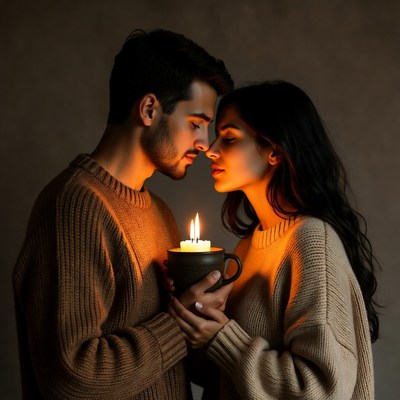 Couple sharing candlelit nose touch