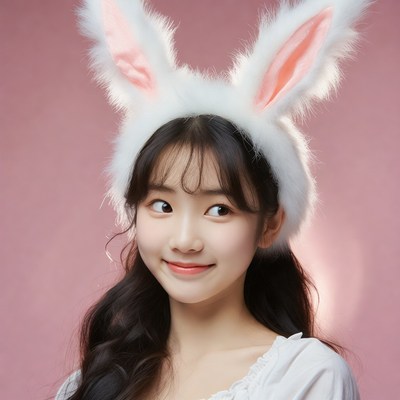 Asian girl wearing bunny ears