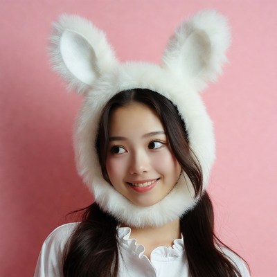 Asian woman wearing white bunny ears