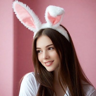 Woman wearing pink bunny ears