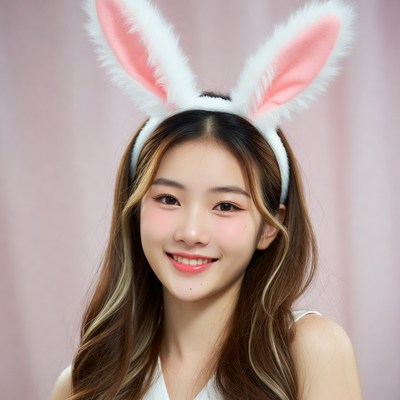 Asian woman wearing bunny ears