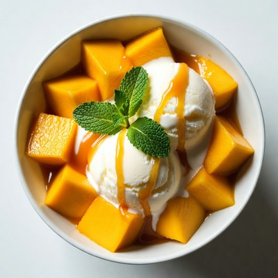 Mango Chunks with Ice Cream and Mint