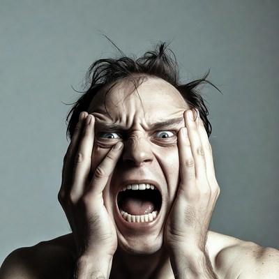 Man screaming with hands on face