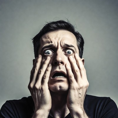 Man with hands on face screaming in shock