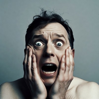 Man screaming with hands on face