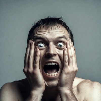 Man screaming with hands on face