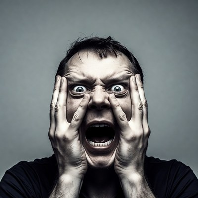 Man screaming with hands on face