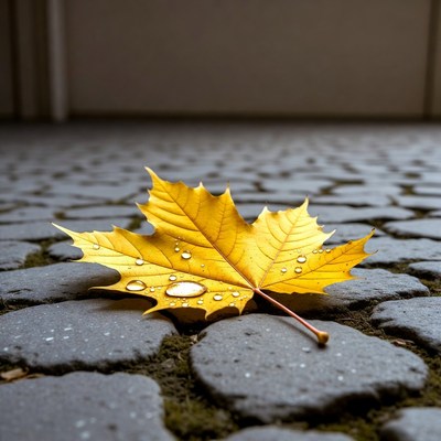 Yellow Maple Leaf with Water Droplets