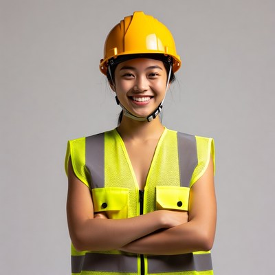 Asian woman in yellow hard hat vest