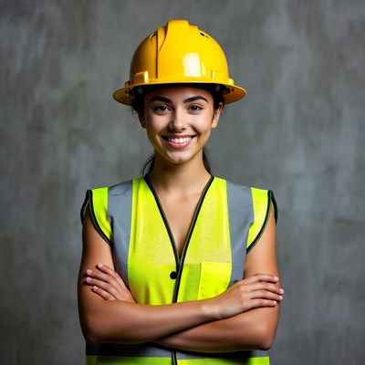 Smiling Latina woman in hard hat and vest