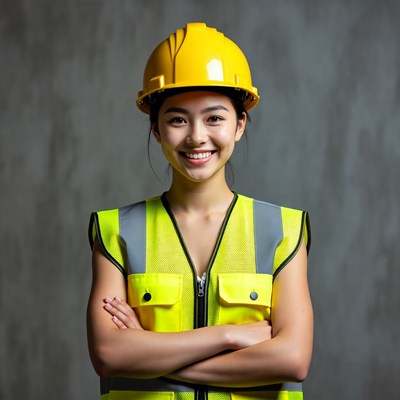 Asian woman in yellow hard hat vest