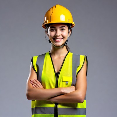 Smiling woman in hard hat and vest