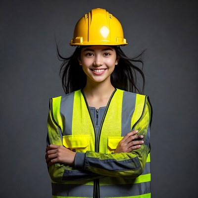Asian woman in hard hat and vest