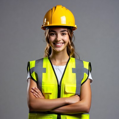 Smiling girl in yellow hard hat and vest