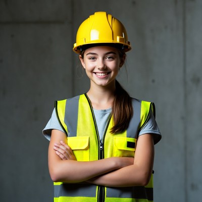 Teen girl in yellow hard hat and vest