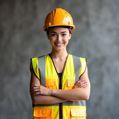 Smiling woman in hard hat and vest
