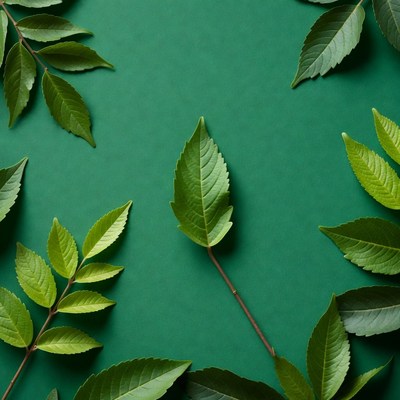 Green leaves on emerald background