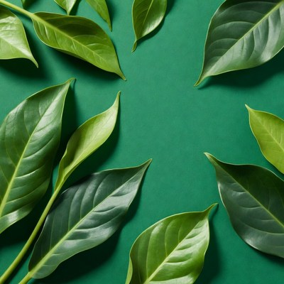 Green leaves arranged on emerald background