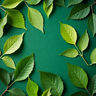Green leaves arranged on green background