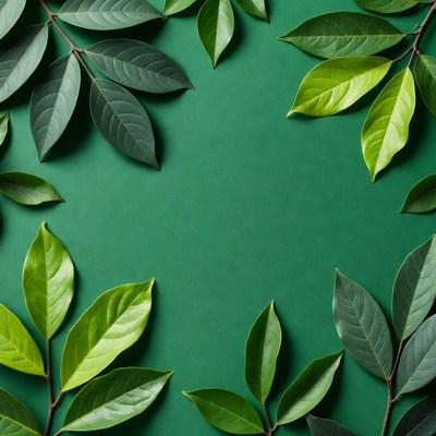 Green leaves border on green background